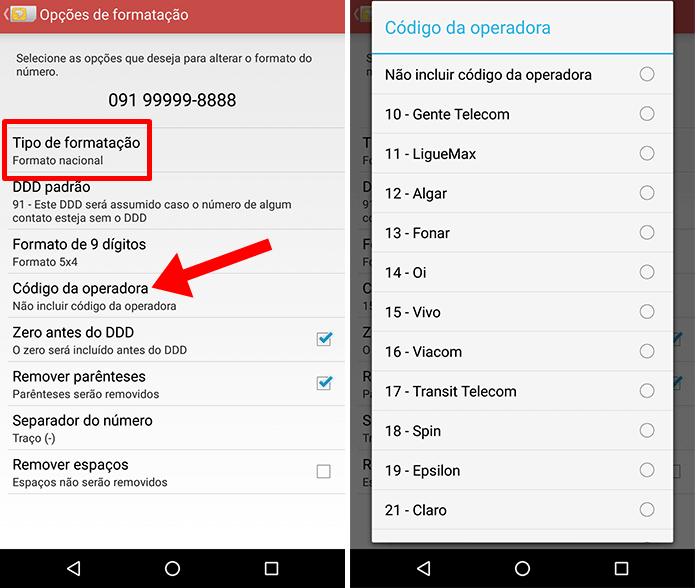 Selecione o código de DDD da sua operadora - Tutorial: como colocar código de operadora nos contatos da agenda no Android